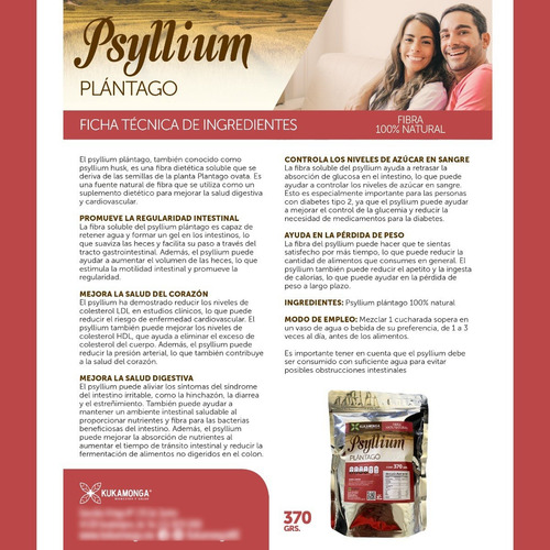 Fibra 100% Natural Plántago Psyllium - 370 G Sabor Sin sabor