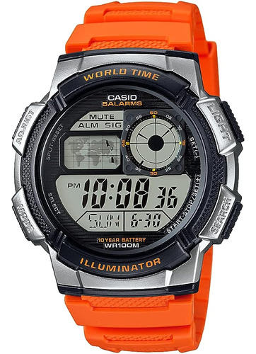Reloj Casio Ae-1000w-4avdf Men's '10 -year Battery 'quartz Color de la correa Naranja Color del bisel Acero inoxidable Color del fondo Gris