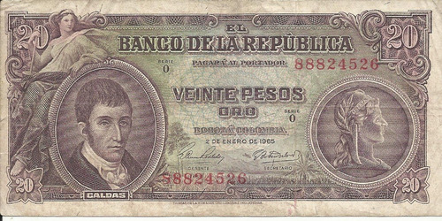 Colombia 20 Pesos 1 Enero 1965