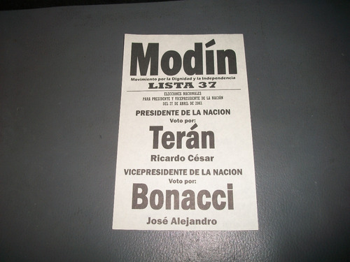 Modin . Boleta Electoral . 27/4/2003 