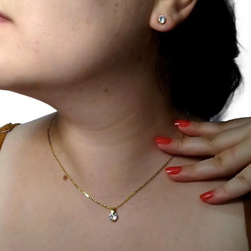 Imagem 5 de 8 de Colar E Brinco Ponto De Luz De Zircônia Banhado A Ouro 18k