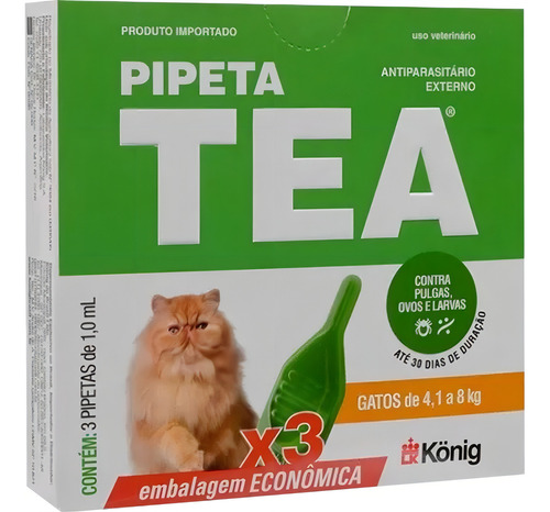 Antipulgas Tea Gatos Pipeta X 3 Unid 4,1 Até 8kg 1ml Konig