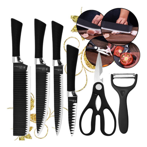 Set De Cuchillos Negros  Profesionales 6 Piezas Chef Cocina