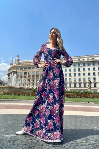 Vestido azul floreado largo hot sale