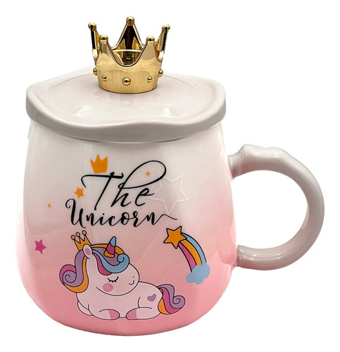 Taza Unicornio Cerámica Con Tapa Y Cuchara Corona 340ml Rosa Unicornio