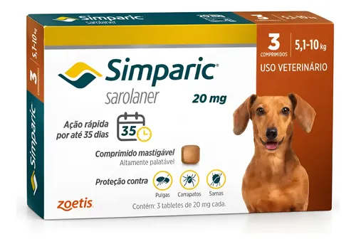 Simparic 20mg Antipulgas Cães 5 A 10kg 3 Comprimidos Zoetis Branco