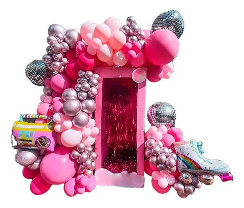 Kit Arco Globos Barbie Disco Retro Fucsia Rosado Plateado