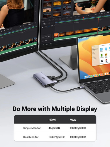 Adaptador 10 En 1 Hdmi 4k Vga Usb Red Tf Sd Aux 100w Ugreen