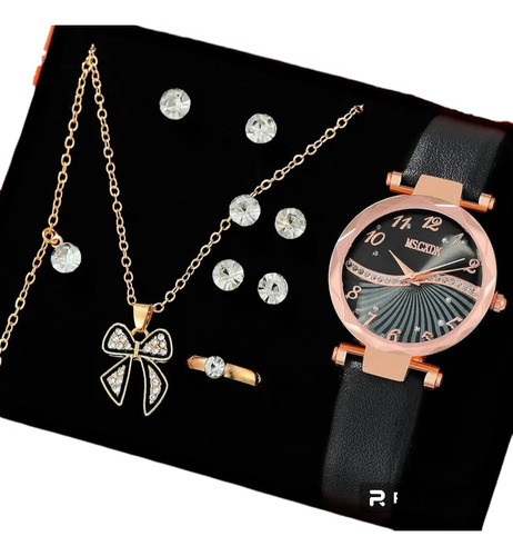 Kit Reloj Negro Lazo Para Mujer + Juego De Collar Aretes