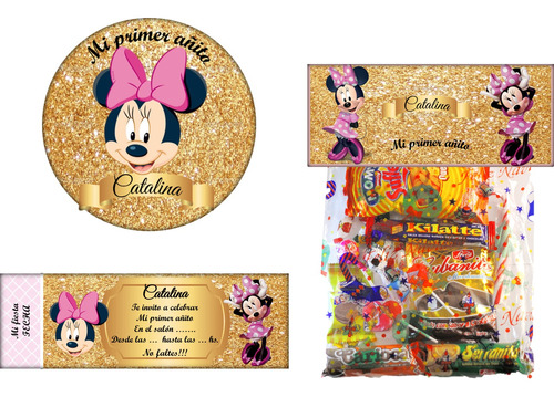 Kit Imprimible Minnie Rosa Dorada 100% Editable 2x1