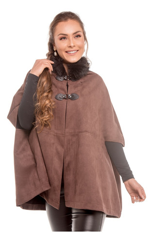 Poncho Capa Pelerine Suede Camurça Gola Pele Moda Equestre