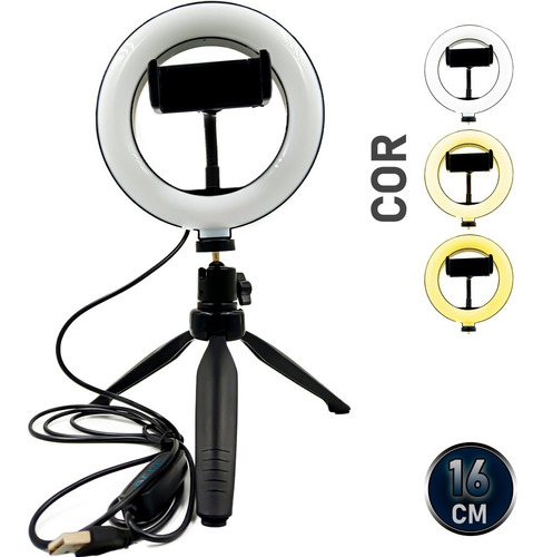 Ring Light Completo Iluminador Portátil 16 Cm + Tripé Cor da estrutura Preto Cor da luz Branco-frio 110V/220V