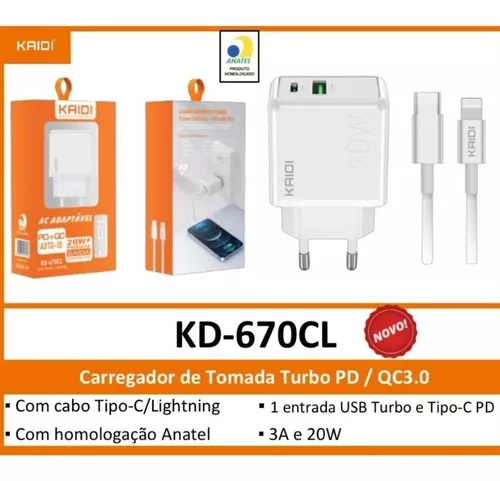 Carregador Qc 3.0 Pd 20w Kaidi P/ iPhone 11 12 13 14 Pro Max