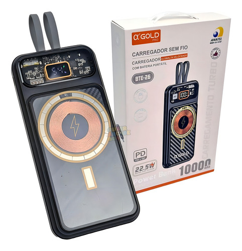 Powerbank Turbo De Indução Wireless Carregamento Rapido Gold Cor Preto