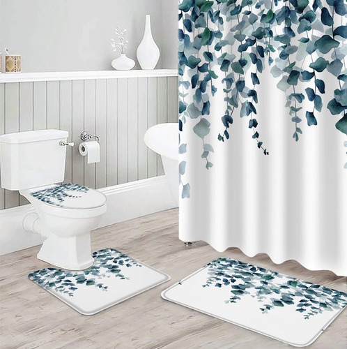 4pcs Set De Cortina De Ducha De Acuarela Con Hojas Botánicas