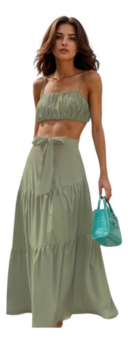 Conjunto Dos Piezas Crop Top Tirante Con Falda Larga Mujer