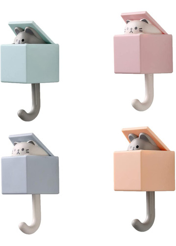 Ganchos Adhesivos Para Pared Forma De Gato X4 (4 Colores)