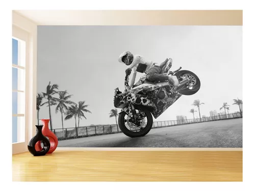 Papel De Parede 3D Moto Grau Empinando Manobra 3,5M Bkm28 - Você