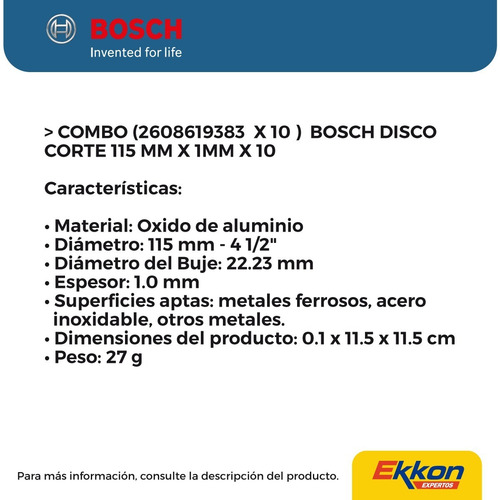 Imagen 2 de 7 de 10 Discos Corte Bosch Para Amoladora 115 Mm 4 1/2 Inox 1mm