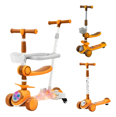 Patinete Infantil 3 Em 1 Com Cesto Luzes Som Amarelo Way