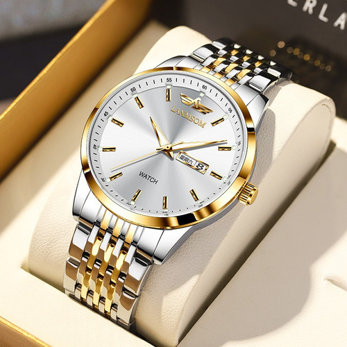 Lanmsom Fashion Luxury Relógio Calendário De Quartzo Cor Do Fundo Silver Golden White