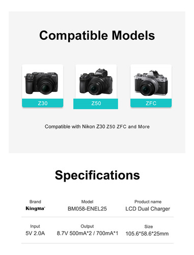 Carregador USB duplo + 2 baterias Kingma para Nikon Z30 Z50 Z50ii Zfc EN-EL25 EN-EL25a