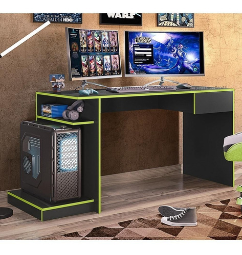 Mesa Computador Setup Gamer Nitro 1 Gaveta Preto Fosco Verde