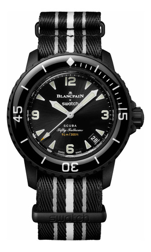 Reloj Swatch Blancpain Scuba Fifty Fathoms, Correa Negra Ocean Storms, Bisel Negro, Fondo Negro