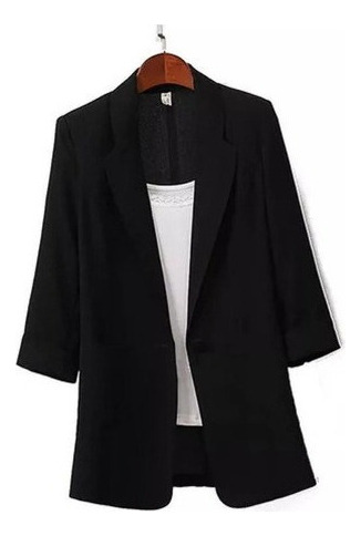 Blazer Elegante De Color Liso Con Escote En V Mangas 3/4