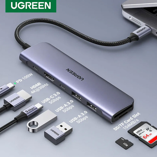 Hub Adaptador Ugreen 7 Em 1 Para Usb C + 100w Power Delivery