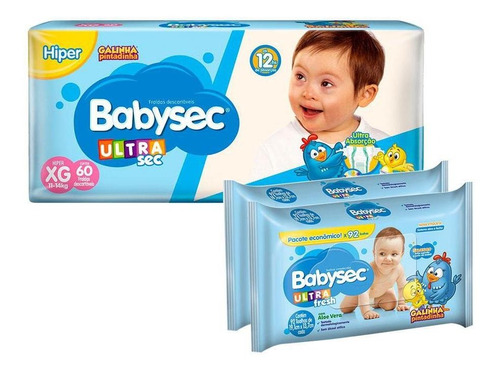 Kit 60 Fraldas Babysec Ultrasec Xg + 184 Lenços Umedecidos