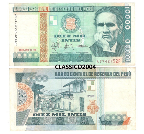 Billete Peru 10,000 Intis (1988) Santiago De Chuco