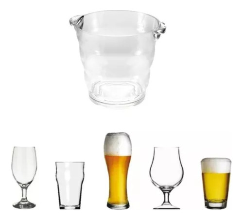Set X 5 Vasos Vidrio Cerveceros + Hielera Acrilico 20cm