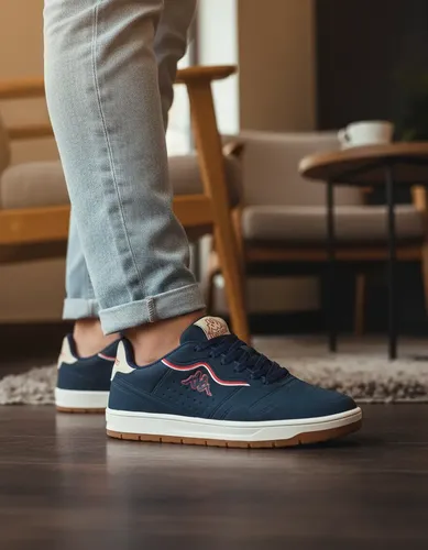 Pessoa usando tênis Kappa Zenit azul marinho com calça jeans clara em ambiente interno