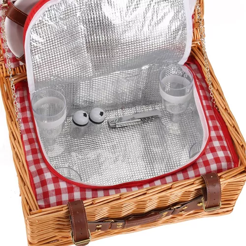 PIPA & MIMA - Cesta de picnic de mimbre natural. Con todo lo necesario para  un picnic para 4 personas: - platos cerámicos - copas de cristal -  cubiertos metálicos - servilletas