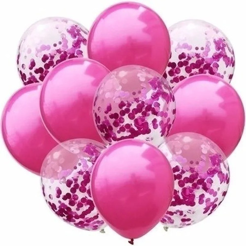 Set 10 Globos Transparente Confeti Metalizado + Fucsia Perla