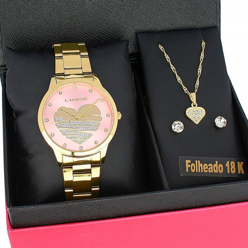 Kit Relogio Lince Feminino Lrgj139l Kn53 Folheado 18k Rosa Cor da correia Dourado Cor do bisel Dourado