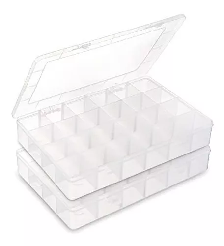  BUG HULL - Paquete de 2 cajas organizadoras de plástico  transparente con 24 rejillas, contenedor de almacenamiento para  manualidades, joyero, con divisores ajustables para cuentas, arte,  manualidades, joyería, aparejos de pesca