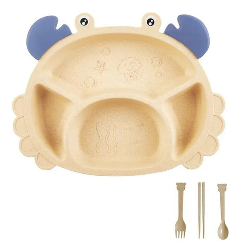 Set Plato De Silicona Cangrejo Para Niños + Cubiertos Bambu