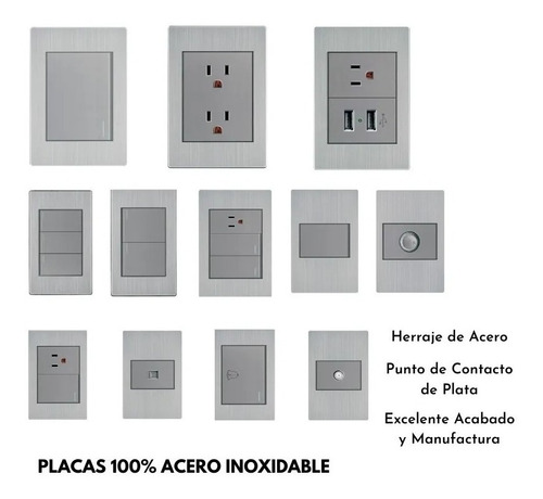 4 Placas Con Apagadores Y Contactos Acero Inox. Artlite 