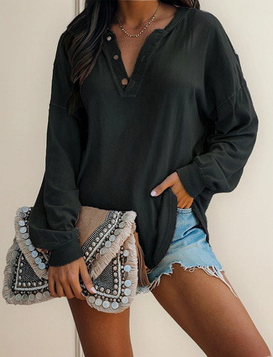 Top Con Botones De Manga Larga Con Cuello En V A La Moda En