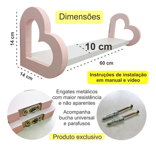 4 Prateleiras Coração Colorida Quarto Decoração Infantil 60