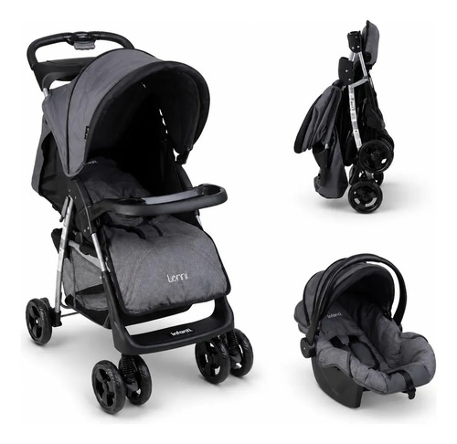 Carriola Travel System Lenni Gris Hasta 15 kg Con Portabebé Autoasiento, Plegado a Una Mano, Reclinado Ajustable, Toldo con Visera, Arnés de Seguridad, Charolas, Canastilla y Frenos Infanti.