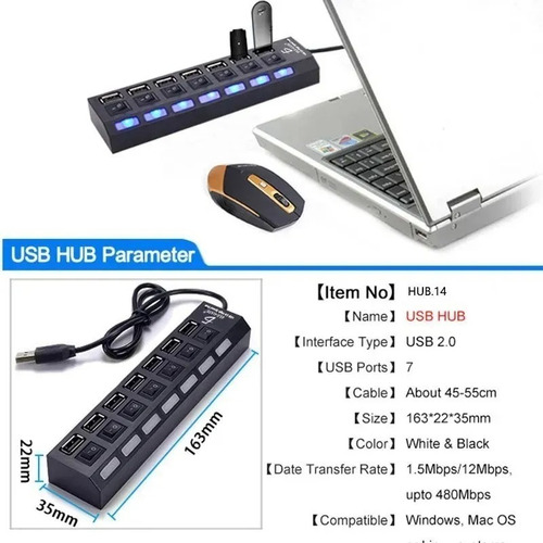 Hub Usb 2.0 7 Puertos Con Switch Led Laptop Pc Multiconector