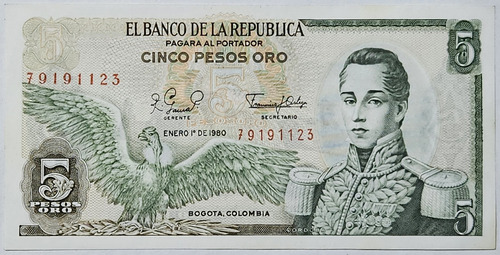 Billete 5 Pesos 01/ene/1980 Colombia Unc