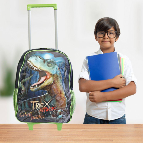 Mochila Escolar Rodinhas Tiranossauro Rex Dino Verde Creche