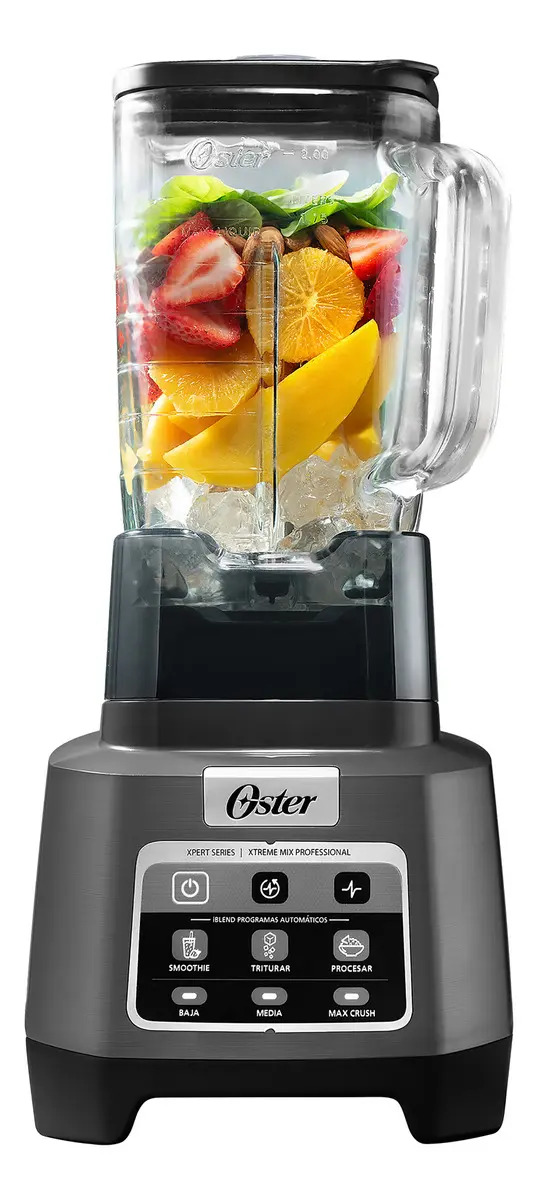 Oster Licuadora Profesional, XTREME MIX, Motor de 1500 W, Tecnología Reversible, Vaso de Vidrio 2 L, para Jugos, Smoothie, Malteadas, Helado, Frappe, Salsas, Mantequilla, Gris, BLSTXPG-BW