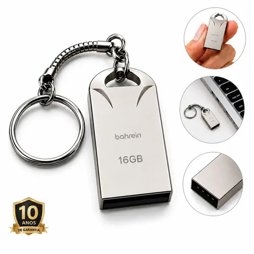 Pen Drive 16GB Bahrein Mini Chaveiro USB Metal Prata para Notebook e Som Automotivo