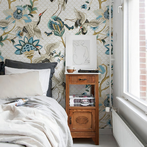 Vinil Decorativo Minima Floral Japones Tapiz Hd Autoadhesivo Color Blanco