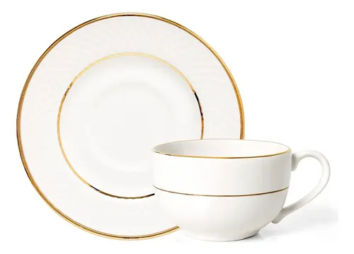 Xícara Com Pires Aquarelle Em Cerâmica Filetado Copa&cia Branco Com  Filete Dourado